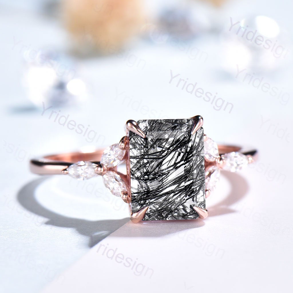 Smaragd Schliff Schwarzer Rutilquarz Ring Rosegold Unikat Schwarzer Turmalin Verlobungsring Für Frauen Antik Jahrestag Geschenk von Yridesign