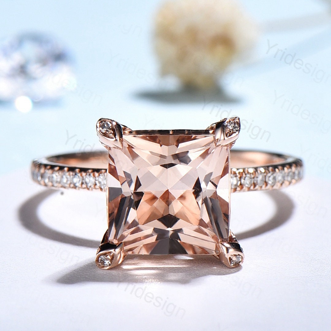 Unikat Prinzessin Cut Morganit Ring 3Ct Verlobungsring Roségold Korb Zange Diamant Ehering Klassisch Frauen von Yridesign