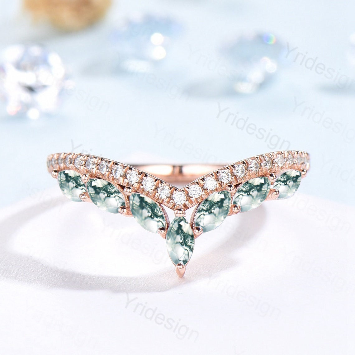 Vintage Moissanit Trauringe Frauen Rosegold Marquise Schliff Unikat Geschwungener V Hochzeitsring Verlobungsring von Yridesign