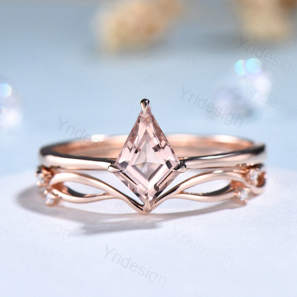 Vintage Morganit Verlobungsring Set Rosegold Kite Cut Hochzeitsset Frauen Ring Gewölbt Art Deco Passende Band Jahrestag Geschenk von Yridesign