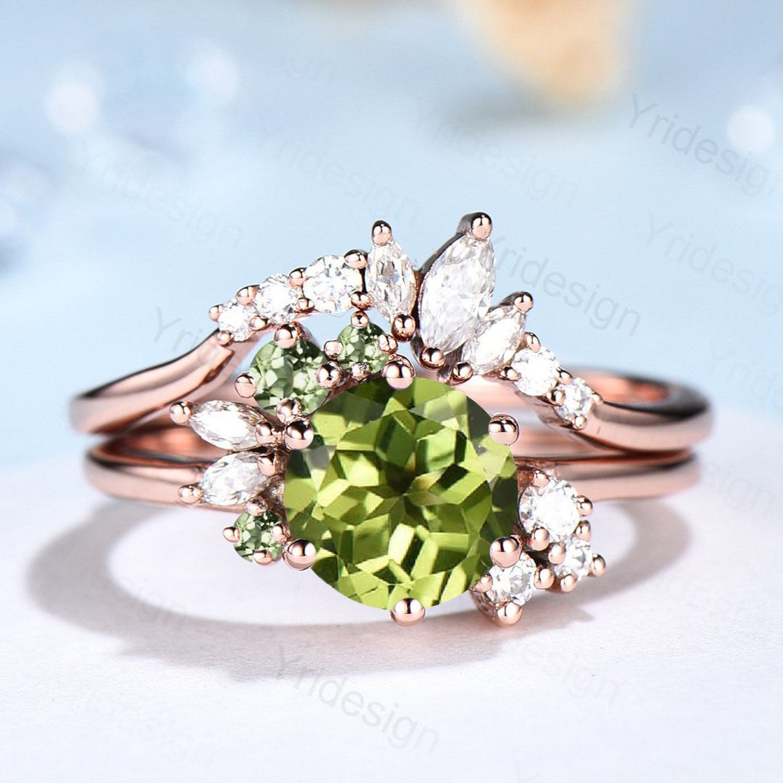 Vintage Peridot Verlobungsring Set Unikat Cluster Moissanit Hochzeit 18K Rose Gold Art Deco Jahrestag Ring Braut Frauen Geschenke von Yridesign