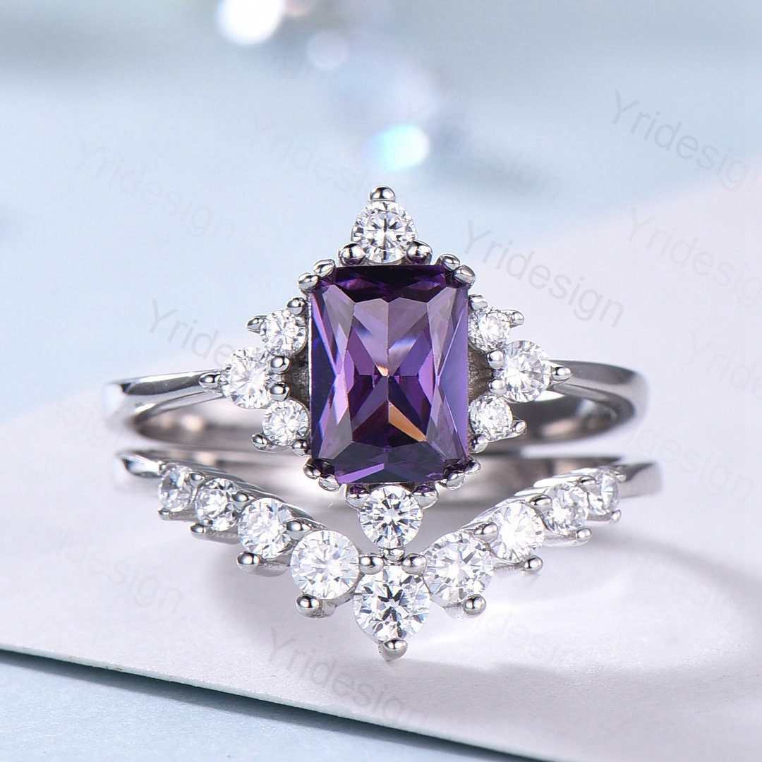 Vintage Smaragd Amethyst Verlobungsring Set/Lila Versprechen Ring Für Frauen 2stk Gold Februar Geburtsstein Hochzeit von Yridesign