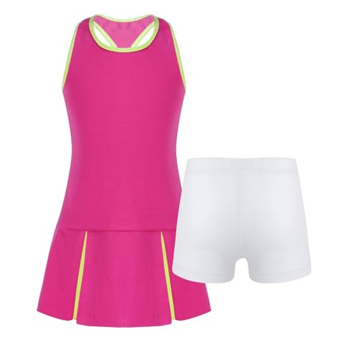 Yruioon 3 Stück Mädchen Sport Set Tenniskleid Tank Tops mit Rock Tennis Golf Badminton Sport Trainingsanzug Fitness Tanz Yoga Outfits B Rosenrot 134-140 von Yruioon