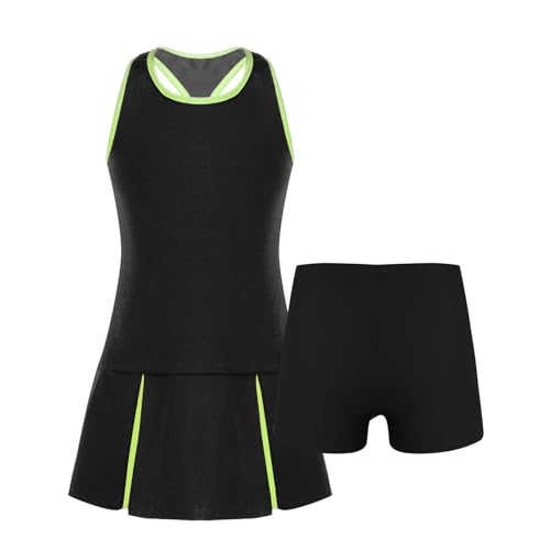 Yruioon 3 Stück Mädchen Sport Set Tenniskleid Tank Tops mit Rock Tennis Golf Badminton Sport Trainingsanzug Fitness Tanz Yoga Outfits B Schwarz 134-140 von Yruioon