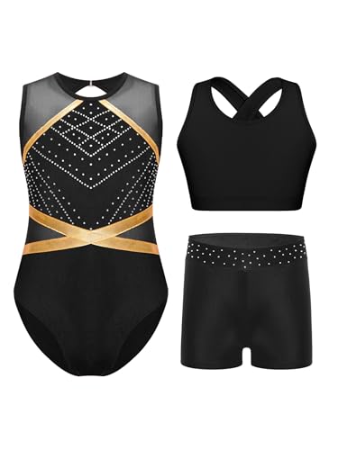 Yruioon 3 Stück Mädchen Turnanzug Ärmellos Gymnastikanzug Streifen Gymnastik Leotard + Sport BH Tops + Shorts Turnen Gymnastik Kleidung B Schwarz 110-116 von Yruioon