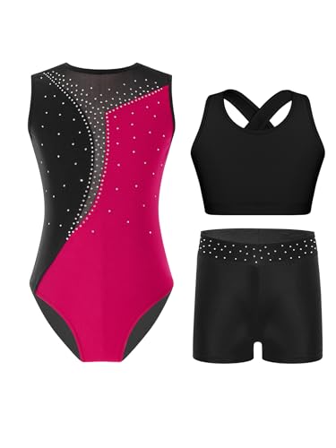 Yruioon 3 Stück Mädchen Turnanzug Ärmellos Gymnastikanzug Streifen Gymnastik Leotard + Sport BH Tops + Shorts Turnen Gymnastik Kleidung D Dunkel Rosa 158-164 von Yruioon