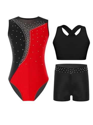 Yruioon 3 Stück Mädchen Turnanzug Ärmellos Gymnastikanzug Streifen Gymnastik Leotard + Sport BH Tops + Shorts Turnen Gymnastik Kleidung D Rot 158-164 von Yruioon