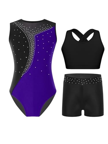 Yruioon 3 Stück Mädchen Turnanzug Ärmellos Gymnastikanzug Streifen Gymnastik Leotard + Sport BH Tops + Shorts Turnen Gymnastik Kleidung D Violett 146-152 von Yruioon
