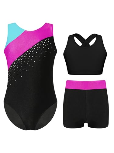 Yruioon 3 Stück Mädchen Turnanzug Ärmellos Gymnastikanzug Streifen Gymnastik Leotard + Sport BH Tops + Shorts Turnen Gymnastik Kleidung E Dunkel Rosa 134-140 von Yruioon