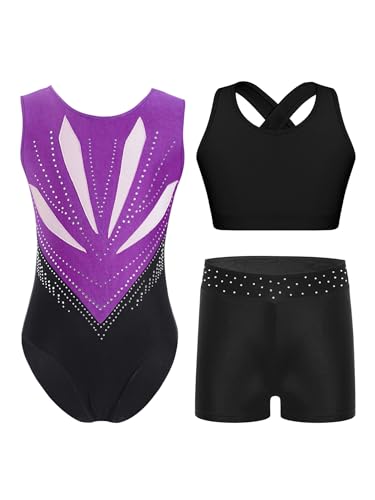 Yruioon 3 Stück Mädchen Turnanzug Ärmellos Gymnastikanzug Streifen Gymnastik Leotard + Sport BH Tops + Shorts Turnen Gymnastik Kleidung H Lila 134-140 von Yruioon