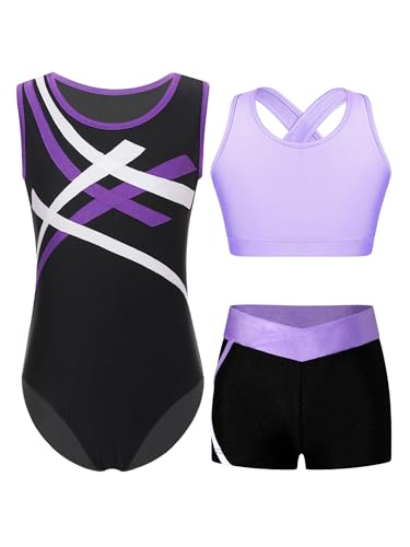 Yruioon 3 Stück Mädchen Turnanzug Ärmellos Gymnastikanzug Streifen Gymnastik Leotard + Sport BH Tops + Shorts Turnen Gymnastik Kleidung A Lila 146-152 von Yruioon