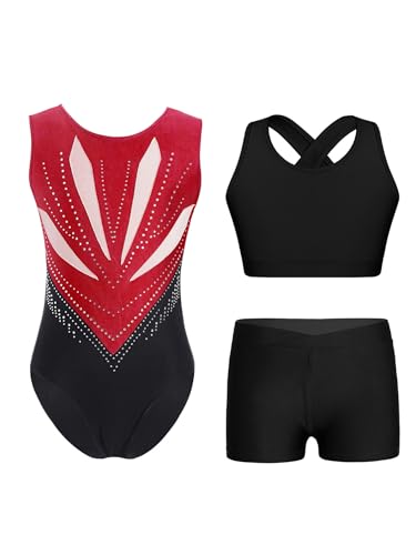 Yruioon 3 Stück Mädchen Turnanzug Glitzer Gymnastikanzug Ärmellos Gymnastik Leotard mit Sport BH Tops Shorts Wettbewerb Tanzkostüm A Weinrot Schwarz 158-164 von Yruioon