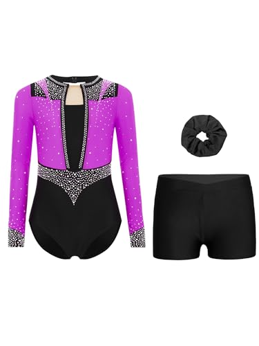 Yruioon 3Pcs Mädchen Turnanzug Glitzer Gymnastikanzug Langarm Gymnastik Leotard mit Shorts Haarband Tanzanzug Wettbewerb Tanzkostüm Lila Schwarz 146-152 von Yruioon