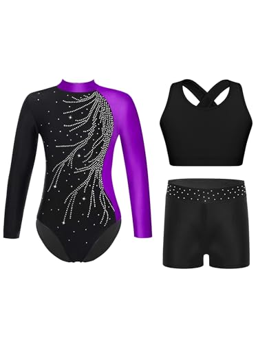 Yruioon 3Pcs Mädchen Turnanzug Langarm Gymnastikanzug Glitzer Ballettanzug + Sport BH Tops + Shorts Gymnastik Leotard Wettbewerb Tanzkostüm A Violett 170-176 von Yruioon
