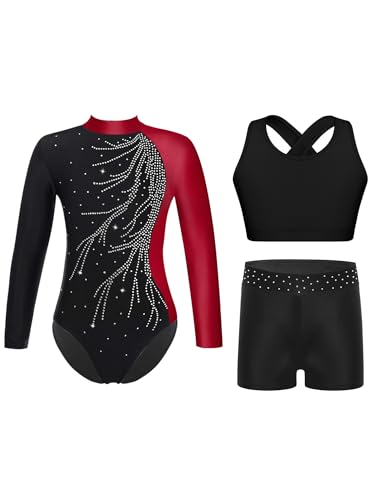 Yruioon 3Pcs Mädchen Turnanzug Langarm Gymnastikanzug Glitzer Ballettanzug + Sport BH Tops + Shorts Gymnastik Leotard Wettbewerb Tanzkostüm A Weinrot 146-152 von Yruioon