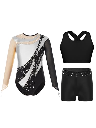 Yruioon 3Pcs Mädchen Turnanzug Langarm Gymnastikanzug Glitzer Ballettanzug + Sport BH Tops + Shorts Gymnastik Leotard Wettbewerb Tanzkostüm B Silber 134-140 von Yruioon