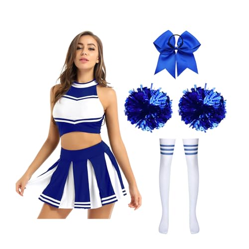 Yruioon 5Pcs Damen Cheer Leader Kostüm Cheerleading Uniform Crop Top mit Minirock Zubehör Cheer Outfits Halloween Karneval Fasching Tanzkostüm A Blau&Weiß L von Yruioon