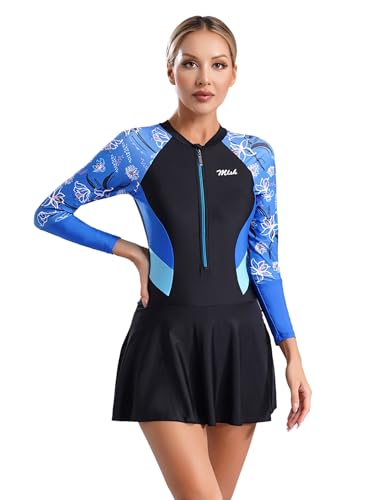 Yruioon Badekleid Damen mit Shorts Langarm Rashguard Einteiler Badeanzug UV Schutz Bademode Schwimmkleid Sommer Strandkleid Blau XXL von Yruioon