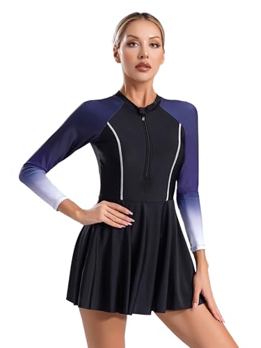 Yruioon Damen Badeanzug Kleid Langarm Badekleid Bauchweg Schwimmkleid Einteiler Bademode UV Schutz Badebekleidung Swimsuit Lila XXL von Yruioon
