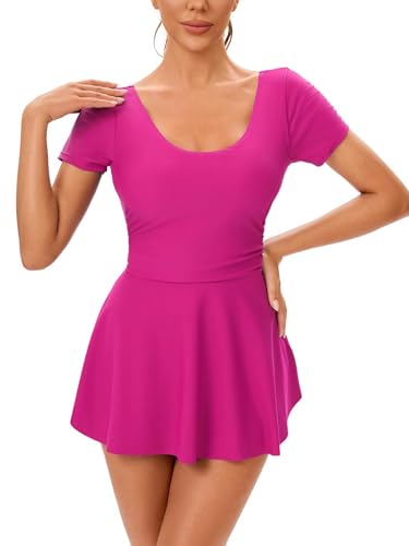 Yruioon Damen Badeanzug Kurzarm Badekleid mit Bikinislips Bauchweg Schwimmkleid Sommer Strandkleid UV Schutz Bademode Dunkel Rosa L von Yruioon