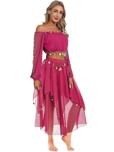 Yruioon Damen Bauchtanz Kostüm Set Langarm Crop Tops mit Chiffon Rock Bauchtanz Kleid Bauchtänzerin Indische Tanzkleidung Dunkel Rosa Einheitsgröße von Yruioon