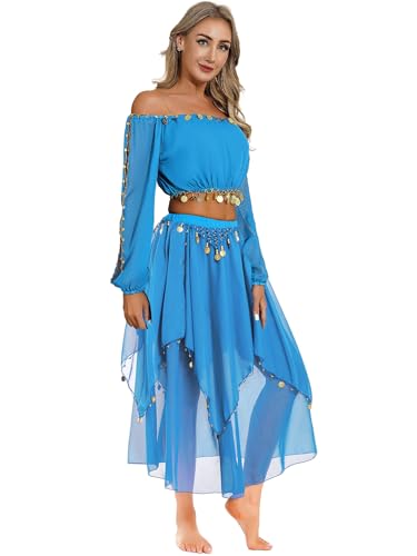 Yruioon Damen Bauchtanz Kostüm Set Langarm Crop Tops mit Chiffon Rock Bauchtanz Kleid Bauchtänzerin Indische Tanzkleidung Himmelblau Einheitsgröße von Yruioon