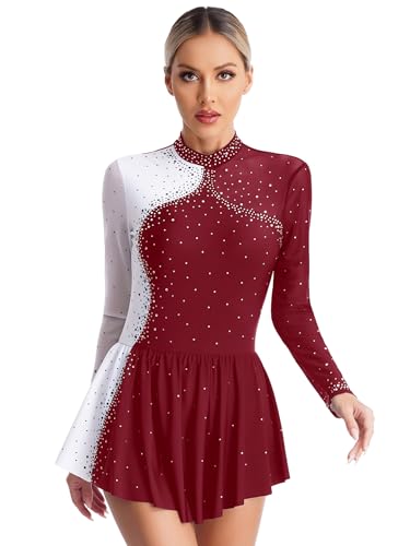 Yruioon Damen Eiskunstlauf Kleid Langarm Ballettanzug mit Strass Rollschuhkleid Patchwork Kürkleid Rollkunstlauf Tanzkleid Wettbewerb Tanzkostüm Weinrot M von Yruioon