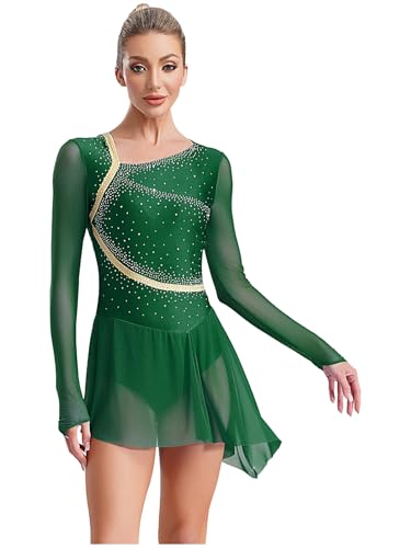 Yruioon Damen Eiskunstlauf Kleid Langarm Glitzer Ballettkleid Rückenfrei Rollschuhkleid Kürkleid Rollkunstlauf Tanzkleid Wettbewerb Tanzkostüm Grün M von Yruioon