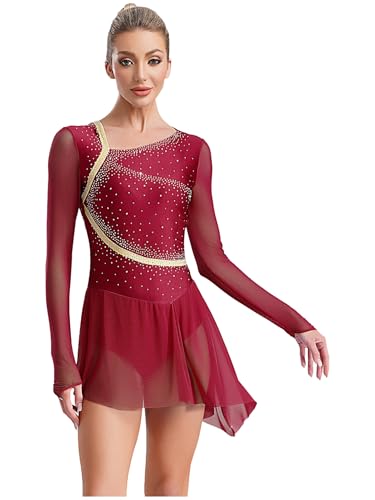 Yruioon Damen Eiskunstlauf Kleid Langarm Glitzer Ballettkleid Rückenfrei Rollschuhkleid Kürkleid Rollkunstlauf Tanzkleid Wettbewerb Tanzkostüm Weinrot S von Yruioon