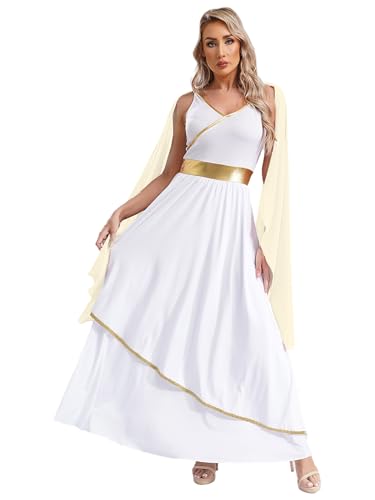 Yruioon Damen Griechische Göttin Kostüm Weißes Griechisches Kleid Antike Römerin Kostüm Halloween Karneval Fasching Mottoparty A Champagne 4XL von Yruioon