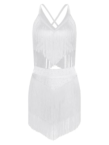 Yruioon Damen Latein Tanzkleid Glitzer Ballettkleid Quasten Fransenkleid Vintage Flapper Kleid Ballsaal Jazz Chacha Salsa Tanzkleidung Weiß M von Yruioon