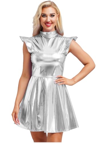 Yruioon Damen Metallic Kleid Glänzend Holografisch Kleid Minikleid mit Faltenrock Wetlook Skaterkleid Karneval Fasching Rave Partykleid Silber XXL von Yruioon
