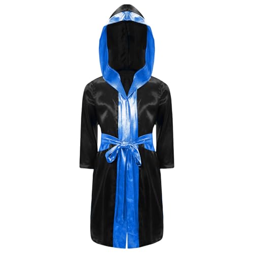 Yruioon Jungen Boxer Mantel Kickboxer Robe Langarm Boxermantel Jacke mit Kapuze Gürtel Boxkampf Mantel Boxer Sport Training Schwarz&Blau 134-140 von Yruioon