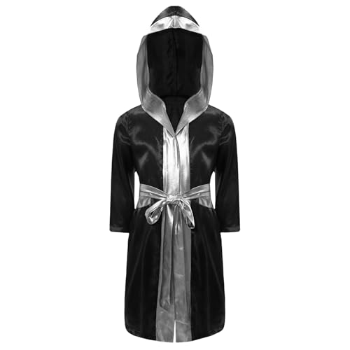 Yruioon Jungen Boxer Mantel Kickboxer Robe Langarm Boxermantel Jacke mit Kapuze Gürtel Boxkampf Mantel Boxer Sport Training Schwarz&Silber 170-176 von Yruioon