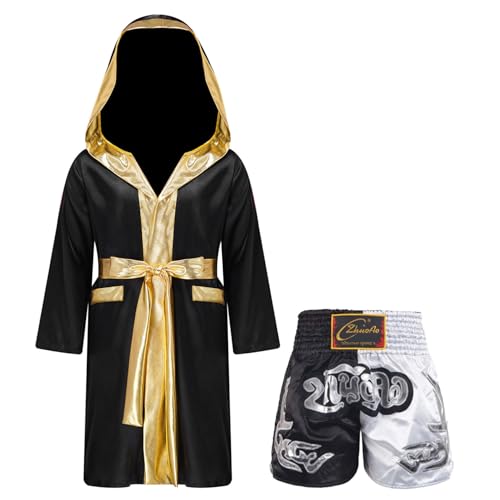 Yruioon Jungen Boxer Mantel Kickboxer Robe mit Gürtel Shorts Boxer Jacke Kapuze Boxermantel Boxkampf Mantel Umhang Cape Schwarz Weiß 110-116 von Yruioon