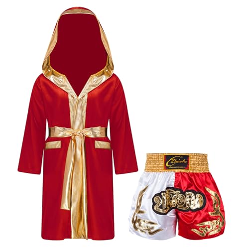 Yruioon Jungen Boxer Mantel Kickboxer Robe mit Gürtel Shorts Boxer Jacke Kapuze Boxermantel Boxkampf Mantel Umhang Cape Weinrot Weiß 122-128 von Yruioon