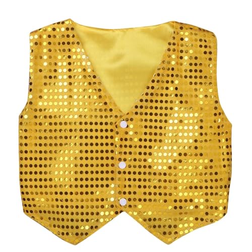Yruioon Kinder Jungen Pailletten Weste Glitzer Anzugjacke V-Ausschnitt Anzugweste Festlich Hochzeit Kurze Jacke Hip Hop Jazz Tanzkostüm Gold 146-152 von Yruioon