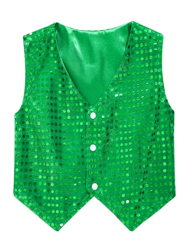 Yruioon Kinder Jungen Pailletten Weste Glitzer Anzugjacke V-Ausschnitt Anzugweste Festlich Hochzeit Kurze Jacke Hip Hop Jazz Tanzkostüm Grün 146-152 von Yruioon