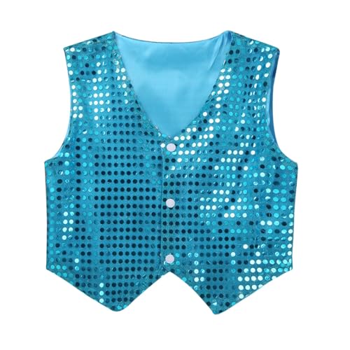Yruioon Kinder Jungen Pailletten Weste Glitzer Anzugjacke V-Ausschnitt Anzugweste Festlich Hochzeit Kurze Jacke Hip Hop Jazz Tanzkostüm Hellblau 110-116 von Yruioon