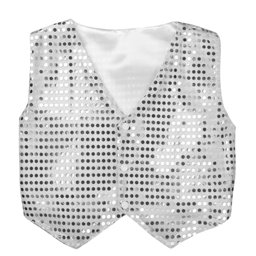 Yruioon Kinder Jungen Pailletten Weste Glitzer Anzugjacke V-Ausschnitt Anzugweste Festlich Hochzeit Kurze Jacke Hip Hop Jazz Tanzkostüm Silber 122-128 von Yruioon