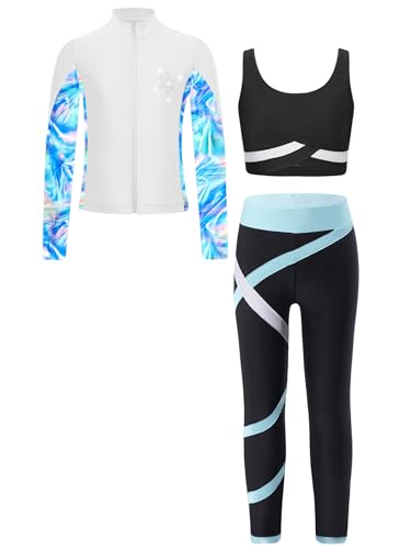 Yruioon Kinder Trainingsanzug Mädchen Sportanzug 3tlg. Sweatjacke mit Sport BH Tops Leggings Sport Set Jogginganzug Fitness Yoga Gym Tanz Streetwear Hellblau 158-164 von Yruioon
