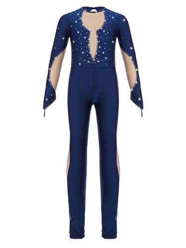 Yruioon Kinder Turnanzug Mädchen Gymnastikanzug Ganzkörper Trikot Mesh Patchwork Ballettanzug Langarm Eiskunstlauf Body Sport Overall Jumpsuit Marine Blau 146-152 von Yruioon