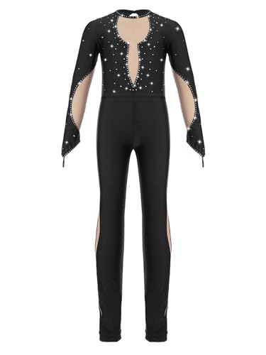 Yruioon Kinder Turnanzug Mädchen Gymnastikanzug Ganzkörper Trikot Mesh Patchwork Ballettanzug Langarm Eiskunstlauf Body Sport Overall Jumpsuit Schwarz 158-164 von Yruioon