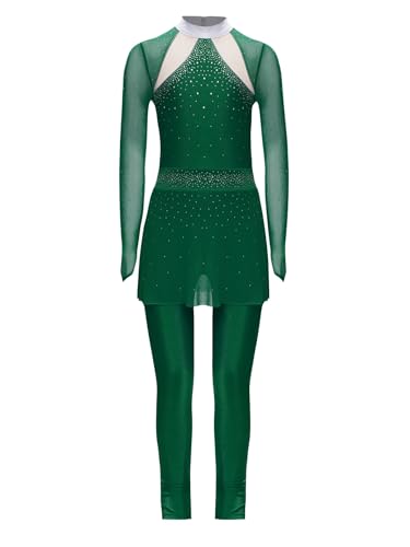 Yruioon Kinder Turnanzug Mädchen Langarm Gymnastikanzug Ganzkörper Trikot Ballettanzug mit Rock Glitzer Eiskunstlauf Body Sport Overall Jumpsuit Grün 122-128 von Yruioon