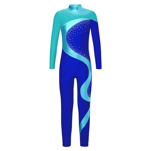 Yruioon Kinder Turnanzug Mädchen Langarm Gymnastikanzug Glitzer Ballettanzug Farbblock Ganzkörper Trikot Eiskunstlauf Body Sport Overall Jumpsuit Blau&Grün&Blau 158-164 von Yruioon