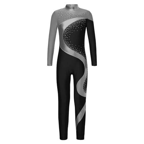 Yruioon Kinder Turnanzug Mädchen Langarm Gymnastikanzug Glitzer Ballettanzug Farbblock Ganzkörper Trikot Eiskunstlauf Body Sport Overall Jumpsuit Grau&Schwarz 170-176 von Yruioon