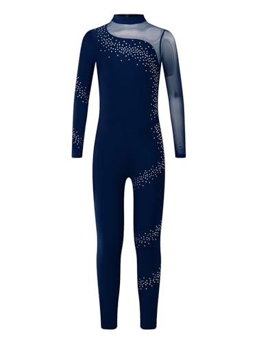 Yruioon Kinder Turnanzug Mädchen Langarm Gymnastikanzug Mesh Patchwork Ganzkörper Trikot Eiskunstlauf Body Sport Overall Jumpsuit Marine Blau 158-164 von Yruioon