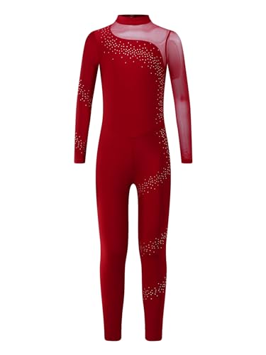 Yruioon Kinder Turnanzug Mädchen Langarm Gymnastikanzug Mesh Patchwork Ganzkörper Trikot Eiskunstlauf Body Sport Overall Jumpsuit Weinrot 122-128 von Yruioon