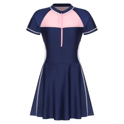 Yruioon Mädchen Badeanzug Einteiler Badekleid mit Rock Patchwork Schwimmanzug UV Schutz Badebekleidung Sommer Strand Bademode A Dunkelblau 146-152 von Yruioon