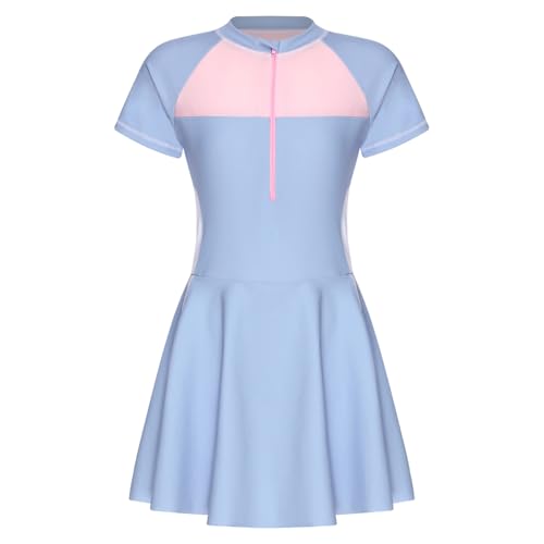 Yruioon Mädchen Badeanzug Einteiler Badekleid mit Rock Patchwork Schwimmanzug UV Schutz Badebekleidung Sommer Strand Bademode A Hellblau 146-152 von Yruioon